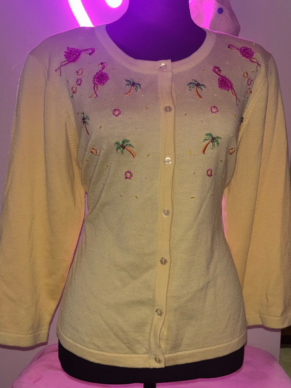 Embroidered Jack B. Quick Yellow Flamingo Palm Tree Cardigan Sweater XL cute